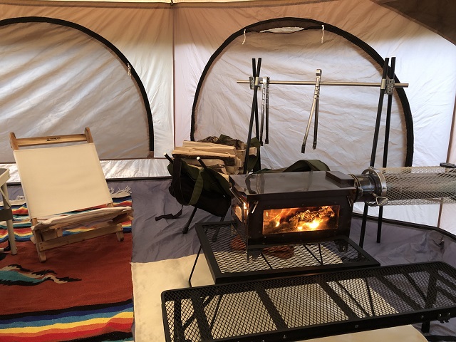 サイドプレート付 薪ストーブ 3面ガラス 絵柄フレーム キャンプ テント